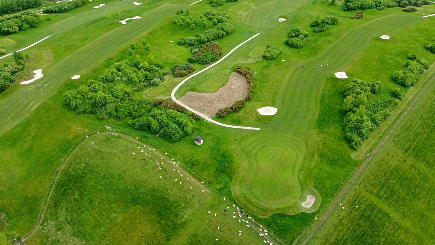 Aerial view of a green golf course with winding fairways, white bunkers and tree lines